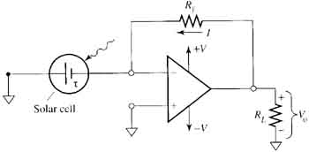 Diagram of a photoconductive cell that is connected to an op amp. Since the photoconductive cell produces its own voltage, it does not require an additional voltage source.